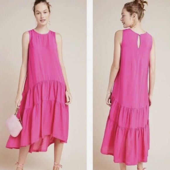 Maeve Women’s Marlene Tiered High Low Maxi Dress Sleeveless Hot Pink Size XS - Picture 1 of 9